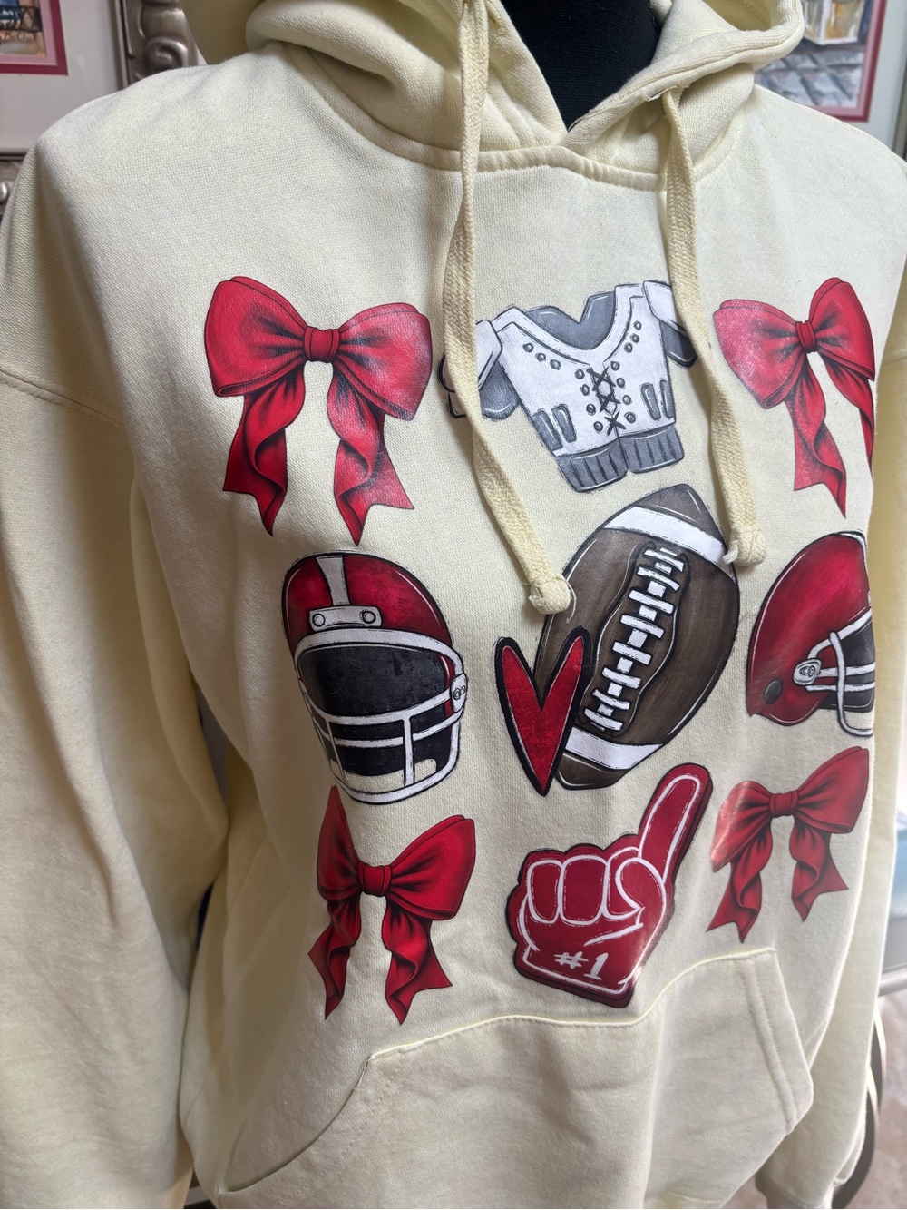 RED BOWS & FOOTBALL Graphic Yellow Hoodie Relaxed Sweatshirt by RELAXX SZ M
